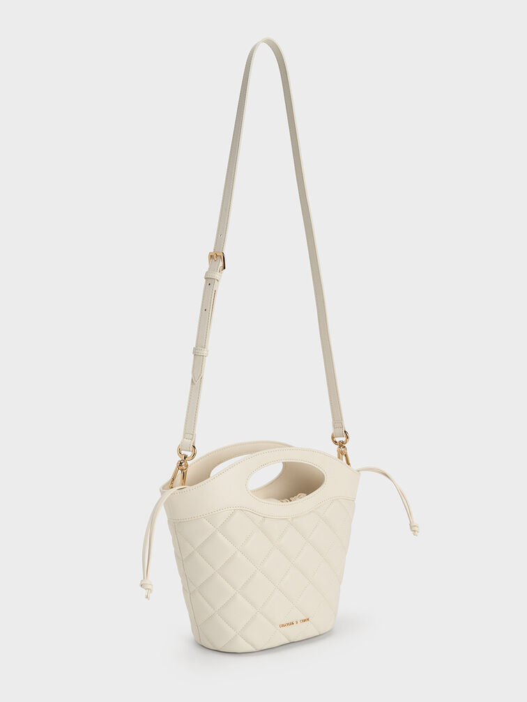 Quilted Chain-Link Curved-Handle Bucket Bag, Cream, hi-res