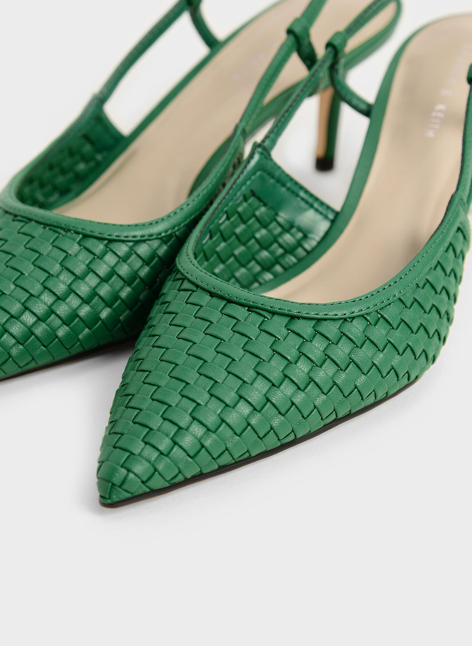 Woven Slingback Pumps, Green, hi-res