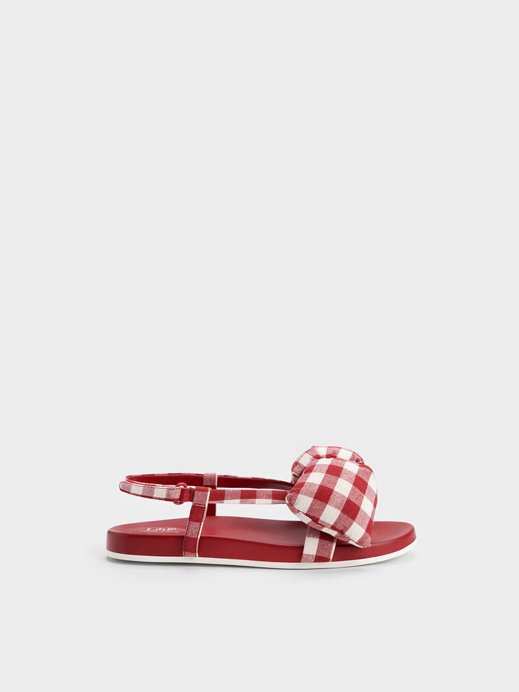 Girls' Checkered Puffy Bow Sandals, Red, hi-res