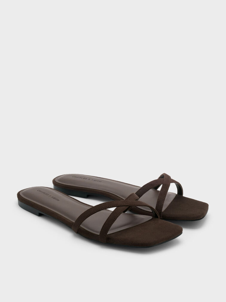 Faux Suede Crossover Slide Sandals, Dark Brown Textured, hi-res