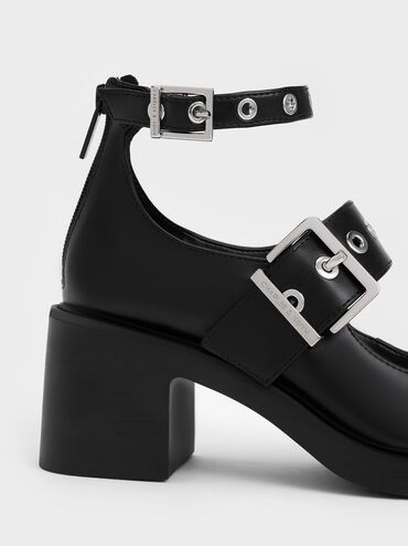 Grommet-Strap Mary Jane Pumps, Black, hi-res