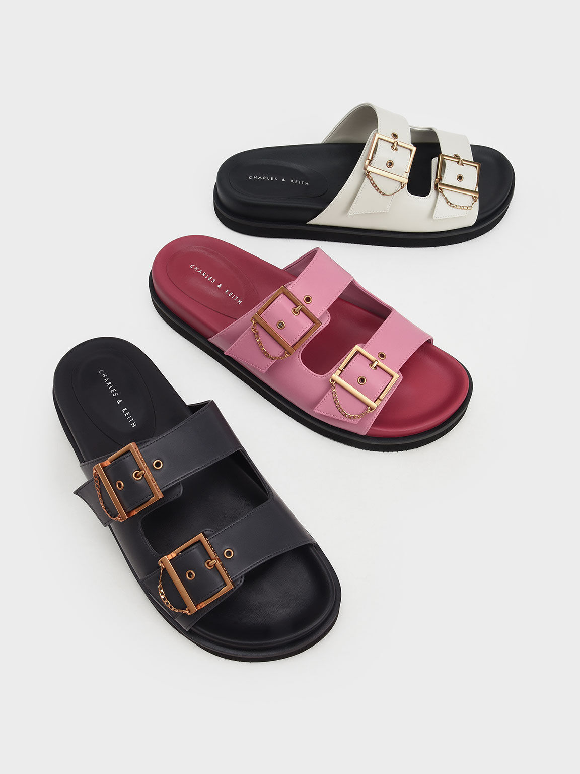 Chain-Link Buckled Slide Sandals, Chalk, hi-res