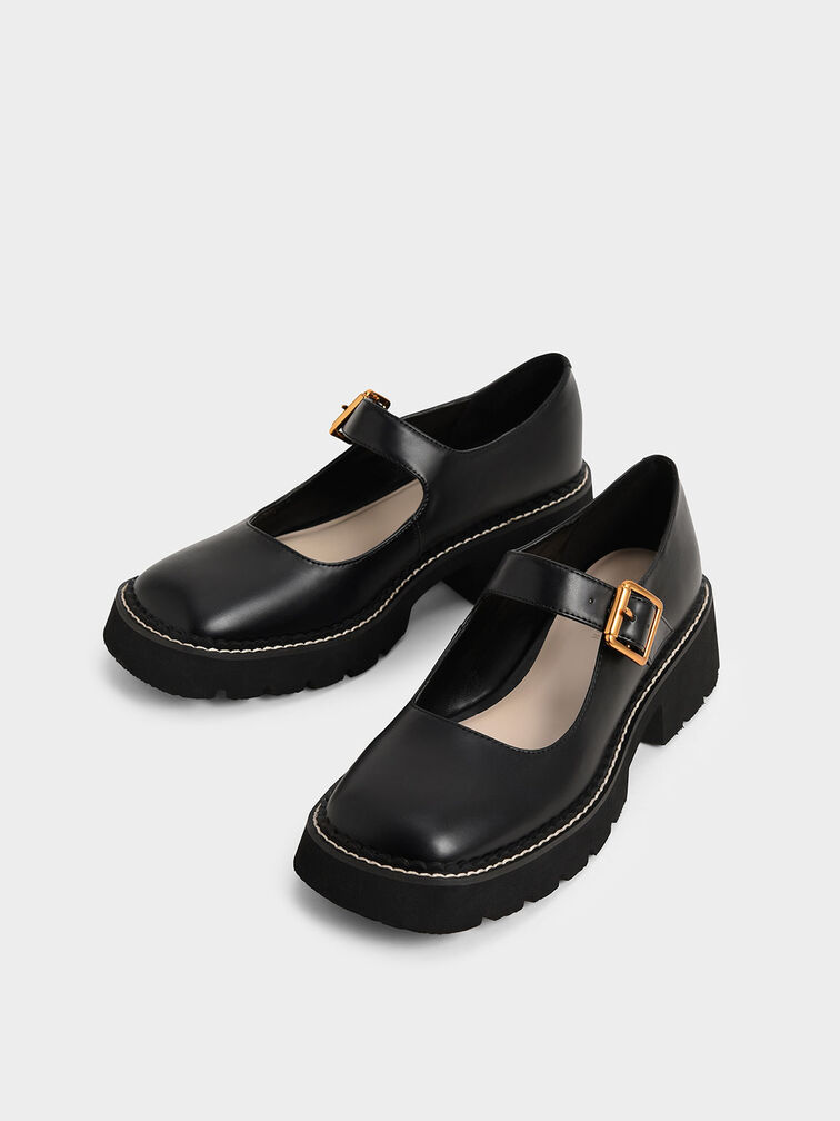 Metallic Buckle Mary Janes, Black, hi-res