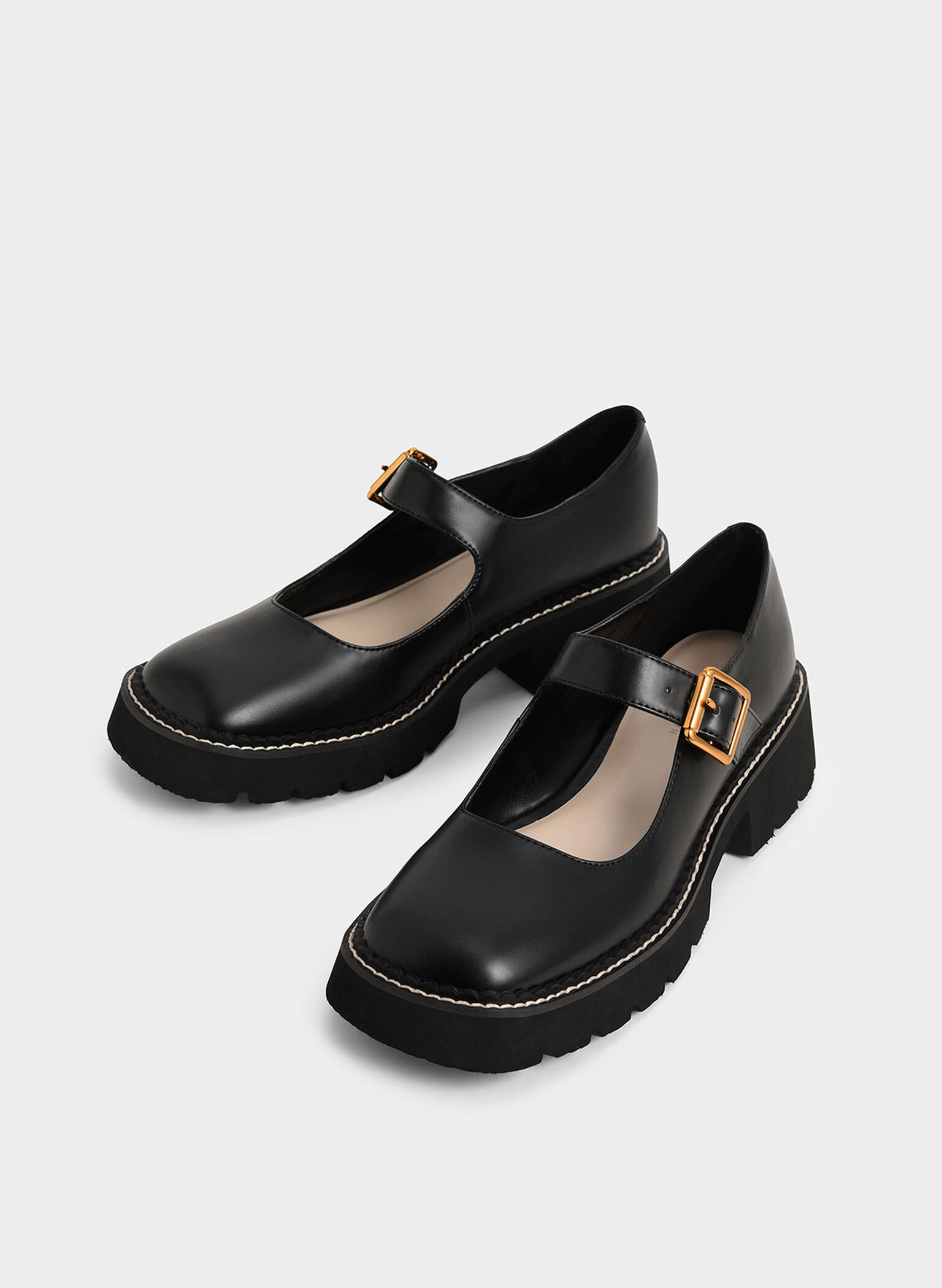 Metallic Buckle Mary Janes, Black, hi-res