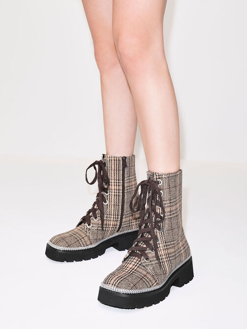 Checkered Chain-Trim Lace-Up Boots, Dark Brown, hi-res