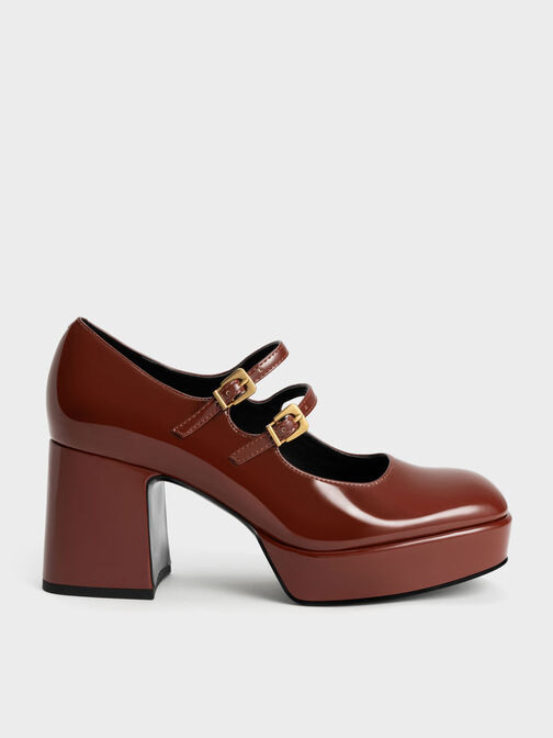 Patent Block Heel Mary Janes, Cognac, hi-res