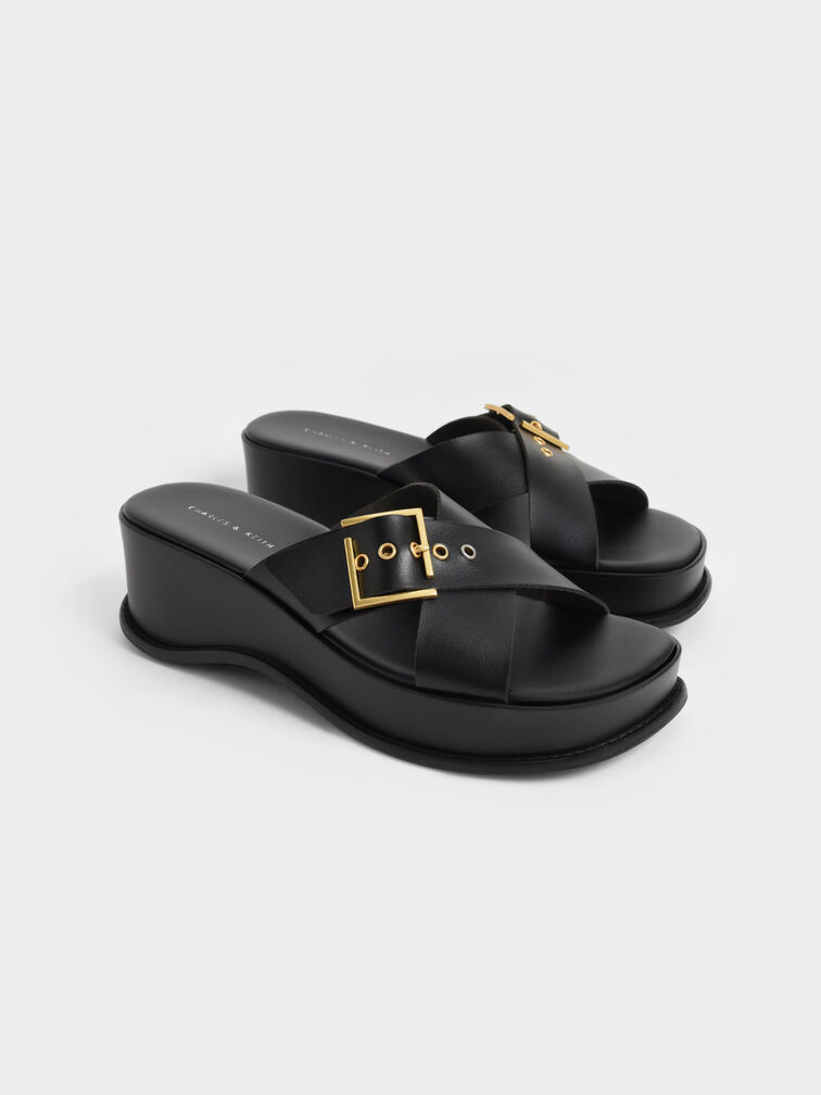 Buckled Crossover Platform Sandals, Black, hi-res