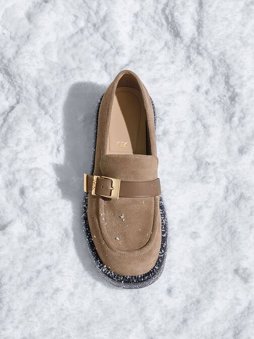 Leather & Suede Buckled-Strap Loafers, Taupe, hi-res