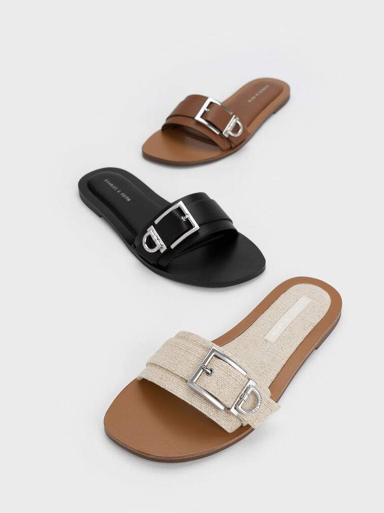 Linen Metallic Buckle Slides, Beige, hi-res