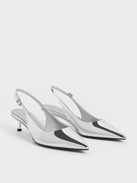 Metallic Pointed-Toe Slingback Pumps, Silver, hi-res