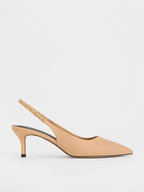 Braided-Chain Slingback Pumps, Beige, hi-res