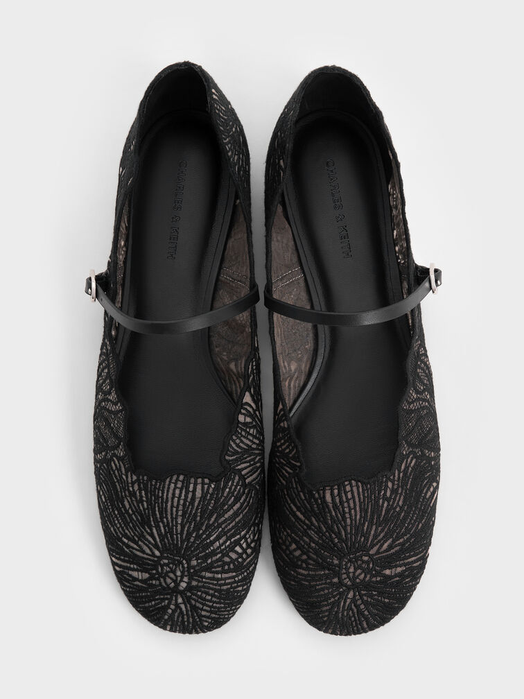 Crochet Floral Mary Jane Flats, Black Textured, hi-res