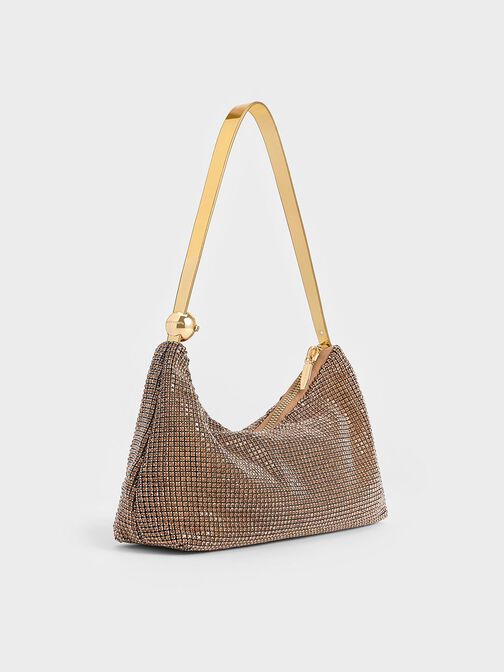 Bolso de doble uso con adornos de cristal, Dorado, hi-res
