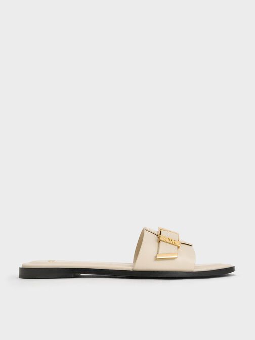 Leather Buckled Square-Toe Slide Sandals, Chalk, hi-res
