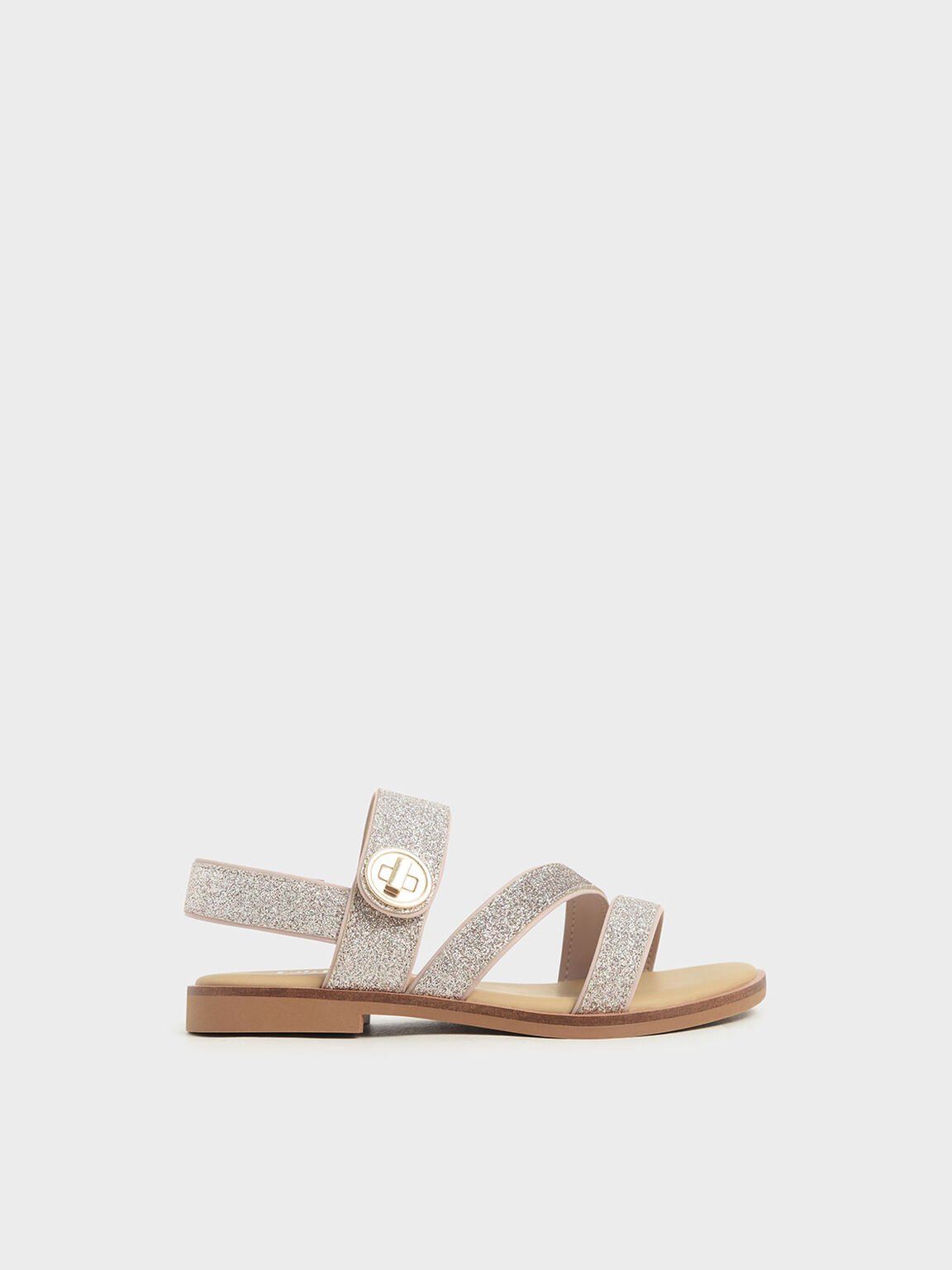 Girls' Glittered Metallic Buckle Sandals, Silver, hi-res