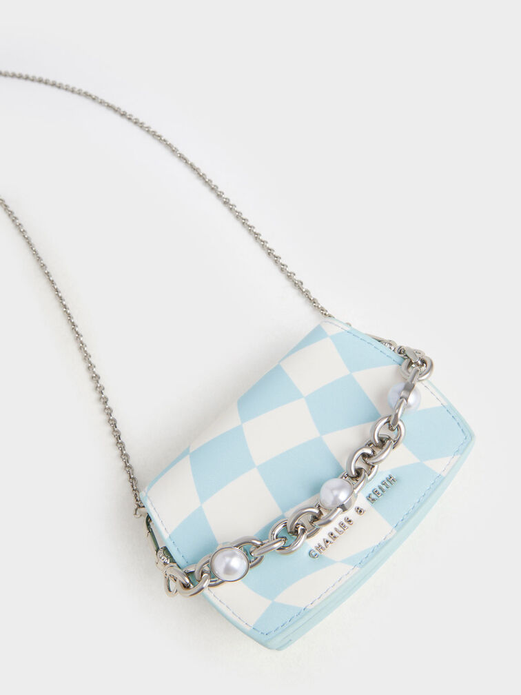 Chain Handle Checkered Vanity Pouch, Light Blue, hi-res