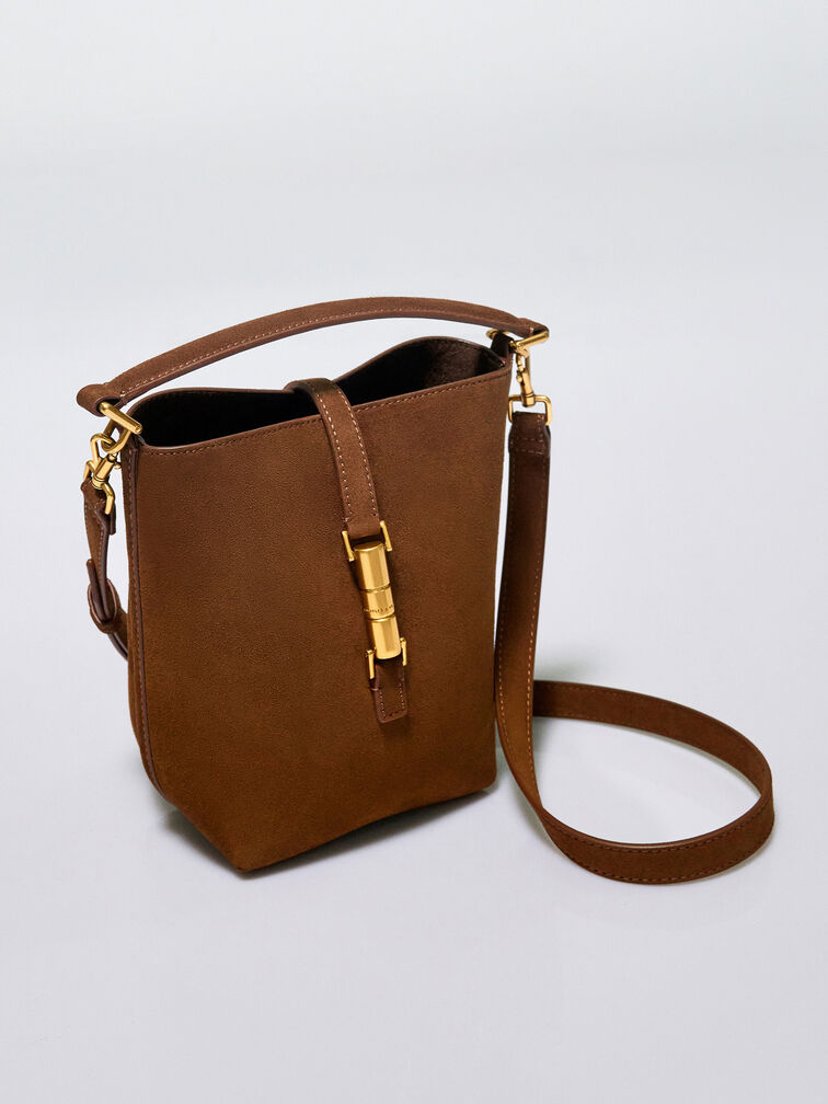 Cesia Metallic-Accent Bucket Bag, Pecan Brown, hi-res
