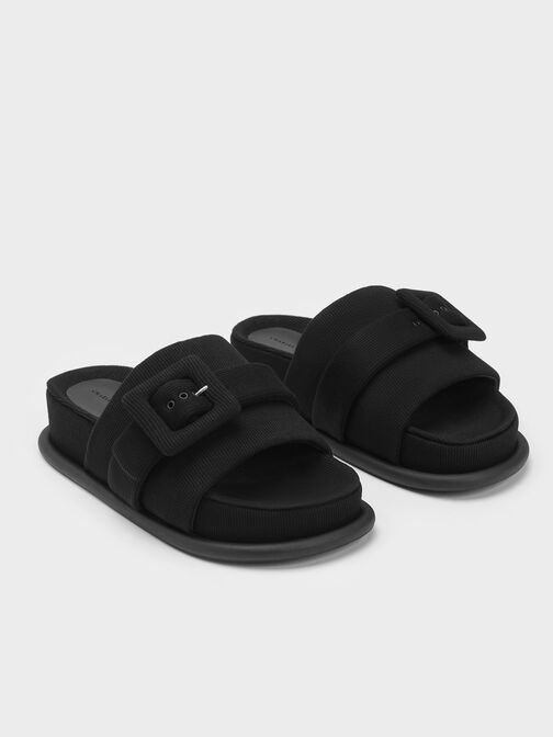 Sinead Woven Buckled Slide Sandals, Black, hi-res