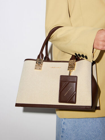 Canvas Double Top Handle Structured Bag, Dark Brown, hi-res
