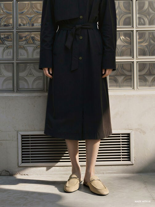 Faux Suede Metallic-Bar Loafer Mules, Beige, hi-res