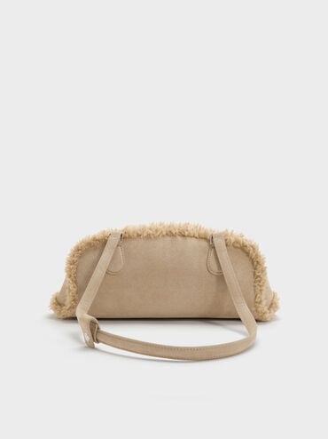 Nelly Recycled Suede & Faux Shearling Elongated Shoulder Bag, Nutmeg Beige, hi-res