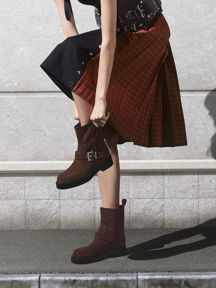 Faux Suede Buckle-Strap Biker Boots, Dark Brown, hi-res