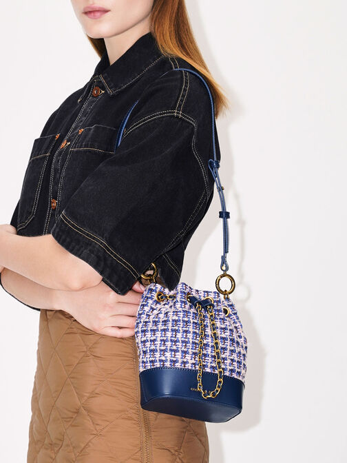 Dancer Tweed Drawstring Bucket Bag, Navy, hi-res