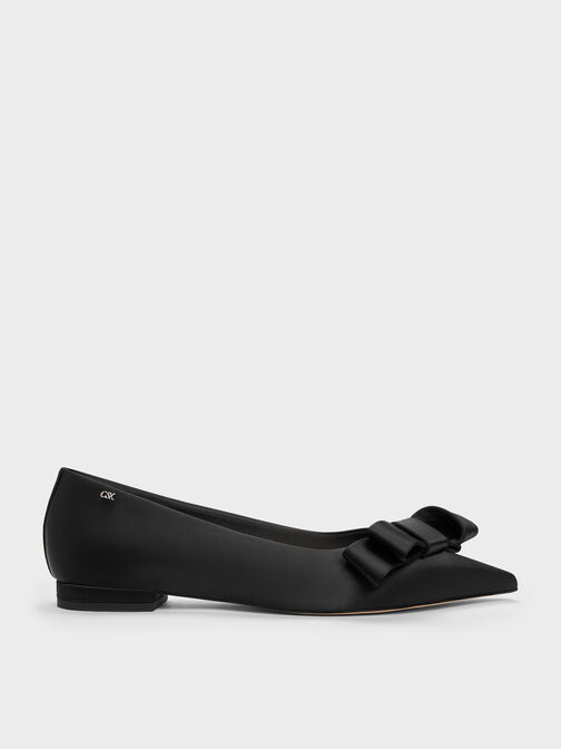 Pleated-Bow Pointed Ballet Flats, Black Textured, hi-res