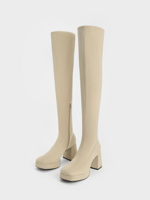 Botas Evie texturizadas al muslo con plataforma, Beige, hi-res