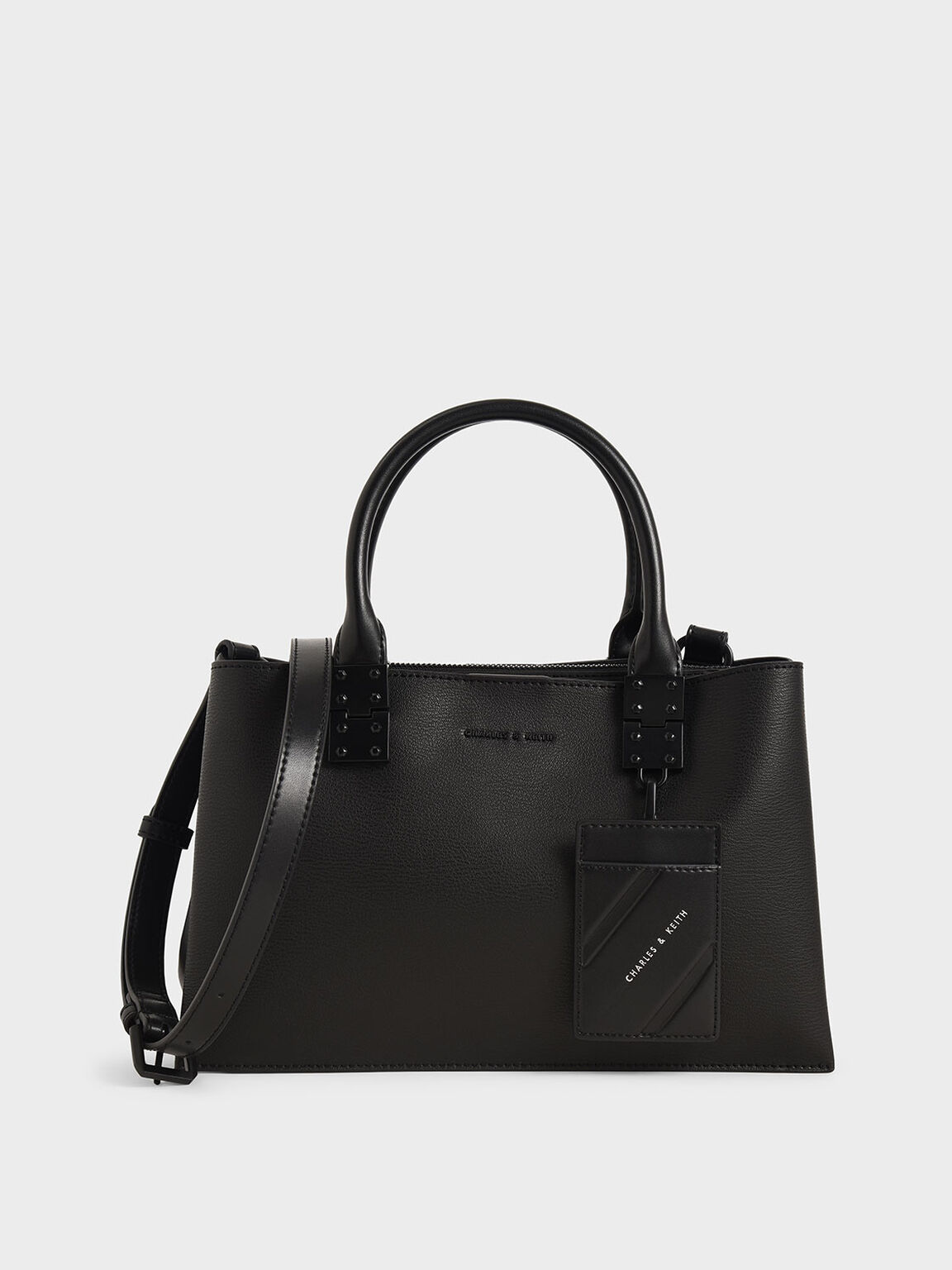 Double Top Handle Structured Bag, Ultra-Matte Black, hi-res