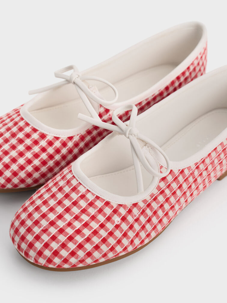 Girls' Gingham Bow Ballet Flats, Red, hi-res