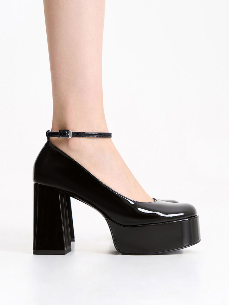 Charles & Keith - Women's Patent Platform Block Heel Ankle Boots, Black, US 8