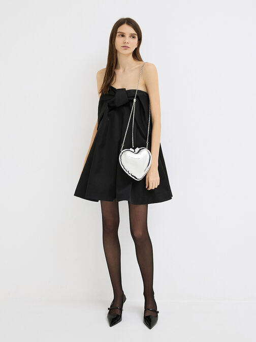 Bolso de mano metálico tipo corazón, Plateado, hi-res