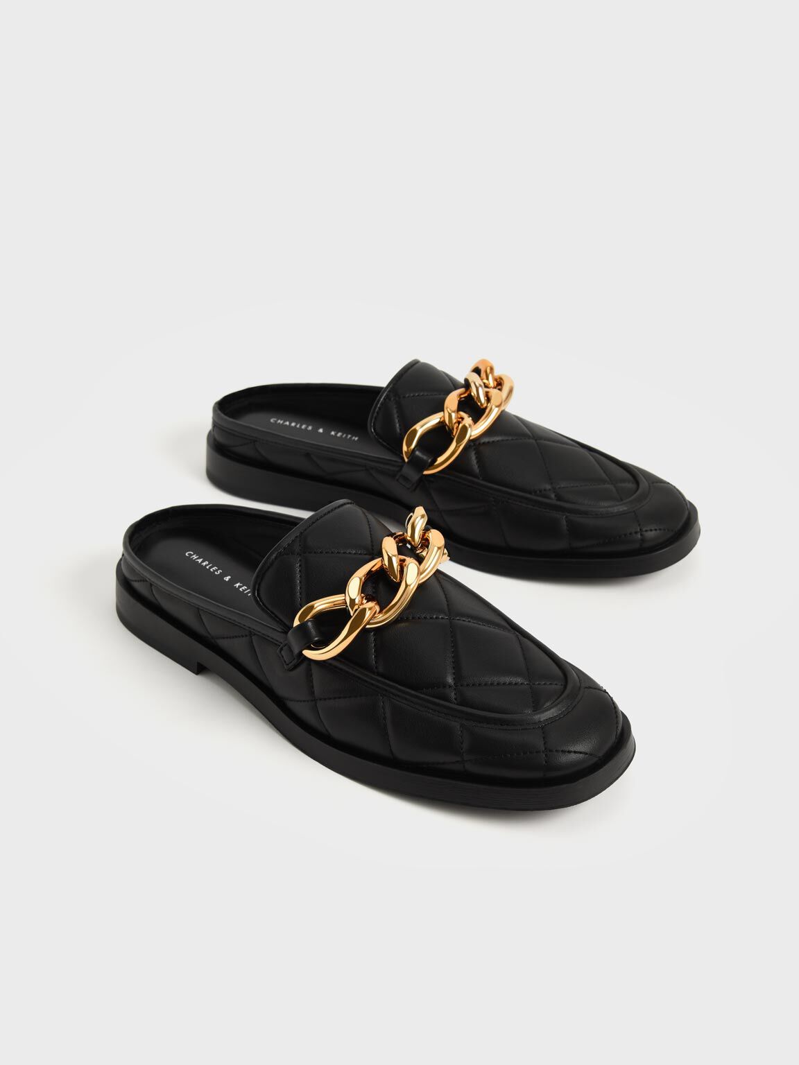 Quilted Chain Loafer Mules, Black, hi-res
