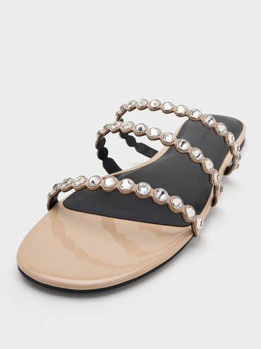 Sandalias con triple tira y adornos de cristal, Nude, hi-res