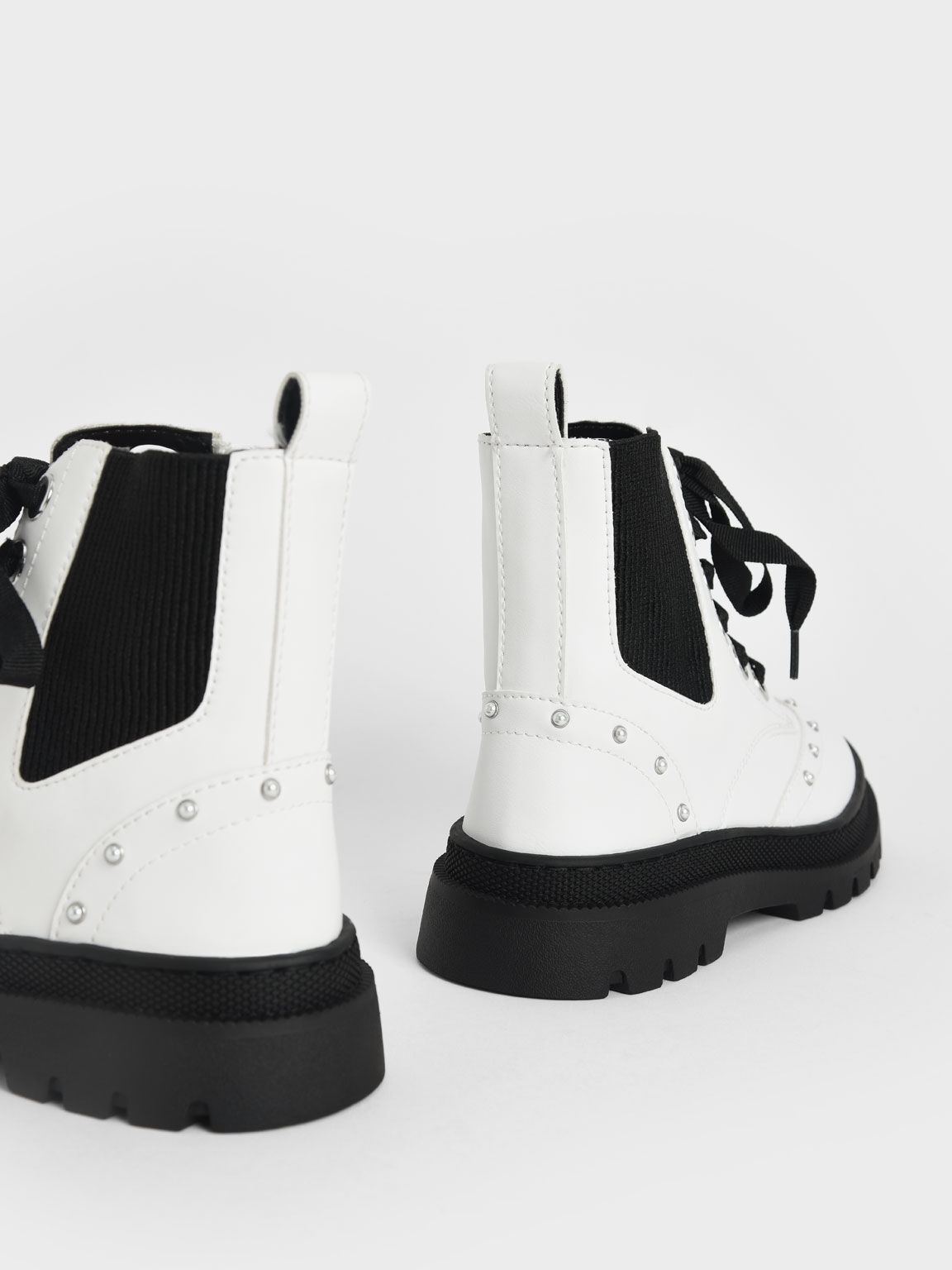 Girls' Studded Lace-Up Ankle Boots, White, hi-res