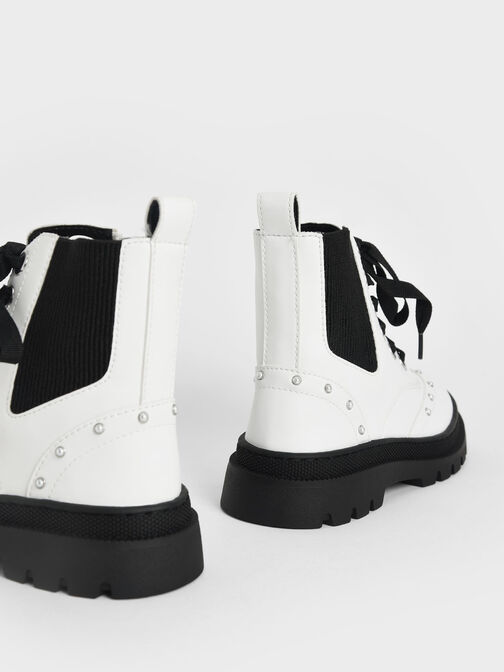 Girls' Studded Lace-Up Ankle Boots, White, hi-res
