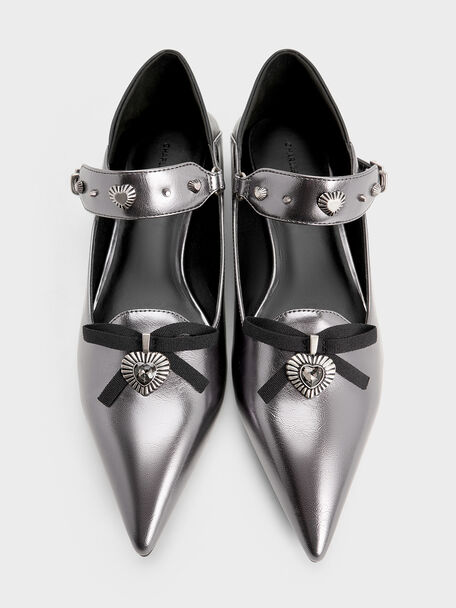 Studded Heart-Embellished Pointed-Toe Mary Janes, Pewter, hi-res