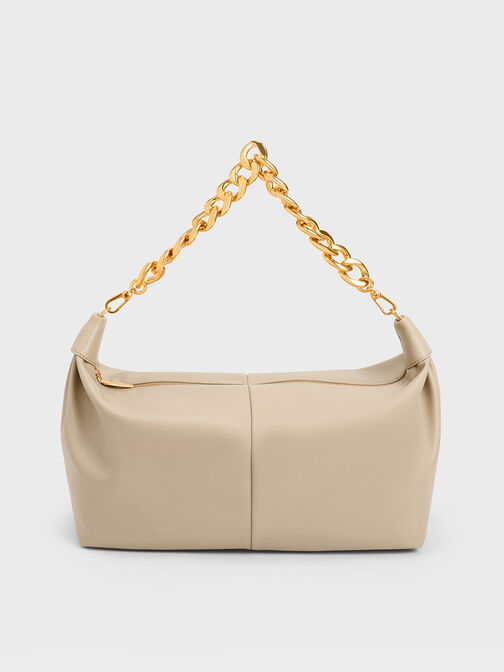 Chunky Chain Link Hobo Bag, Beige, hi-res