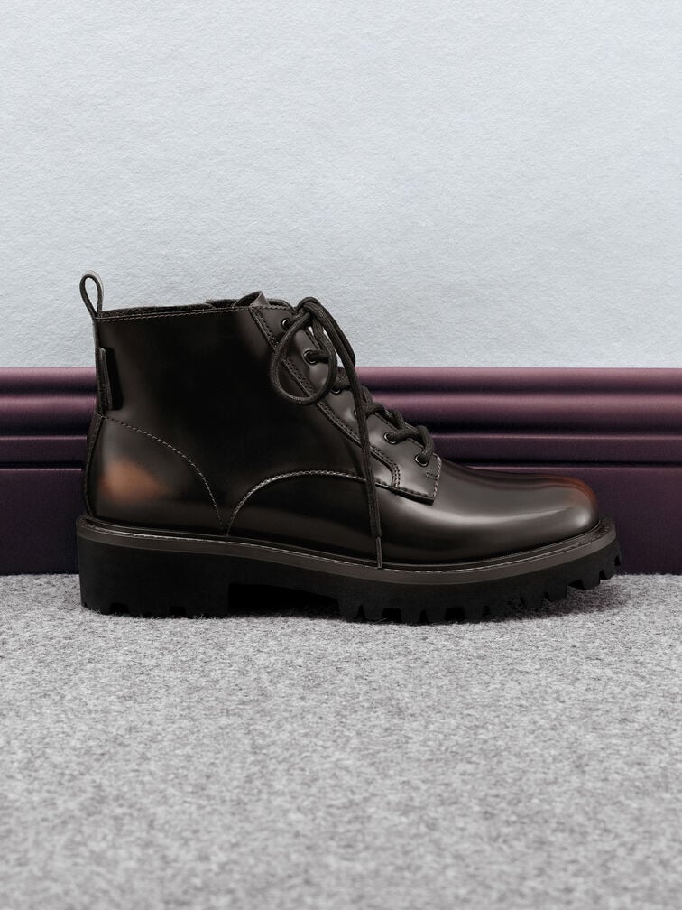 Ridged-Sole Side-Zip Combat Boots, Dark Brown, hi-res