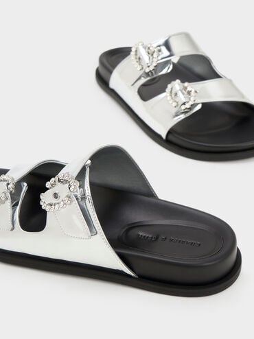 Metallic Embellished Buckle Sandals, Silver, hi-res