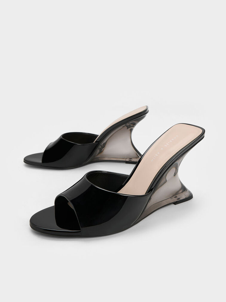 Patent Sculptural Heel Wedges, Black Patent, hi-res