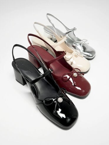 Patent Bow Crystal-Pearl Slingback Mary Jane Pumps, Chalk, hi-res