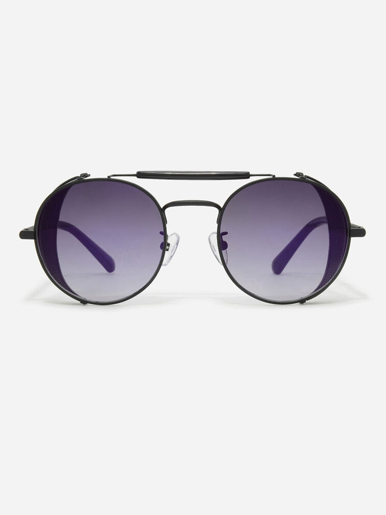 Mesh Detail Round Sunglasses, Black, hi-res