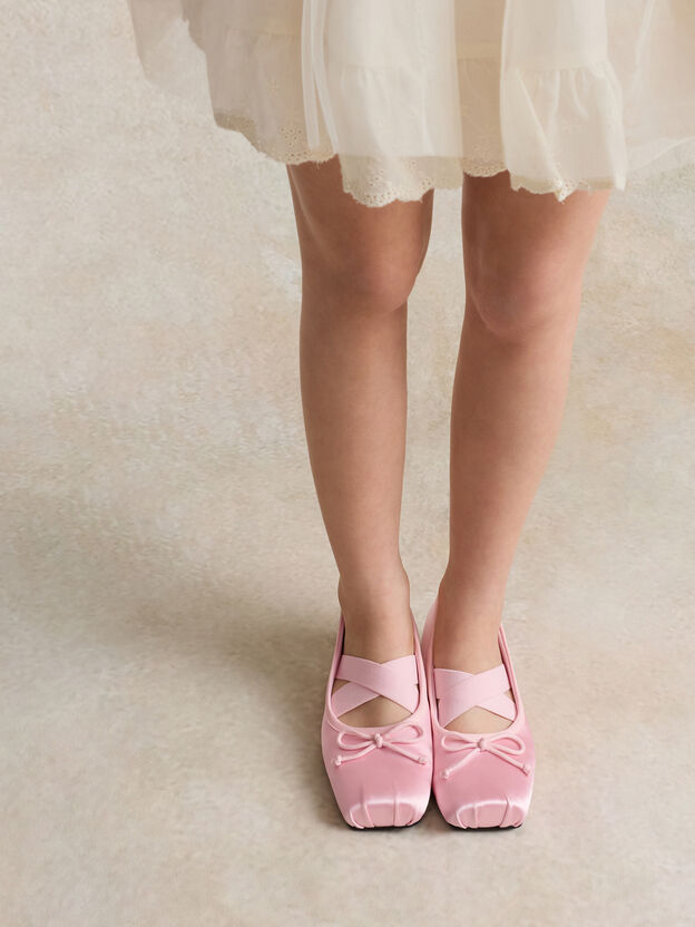 Girls' Satin Crossover Ballet Flats, Light Pink, hi-res