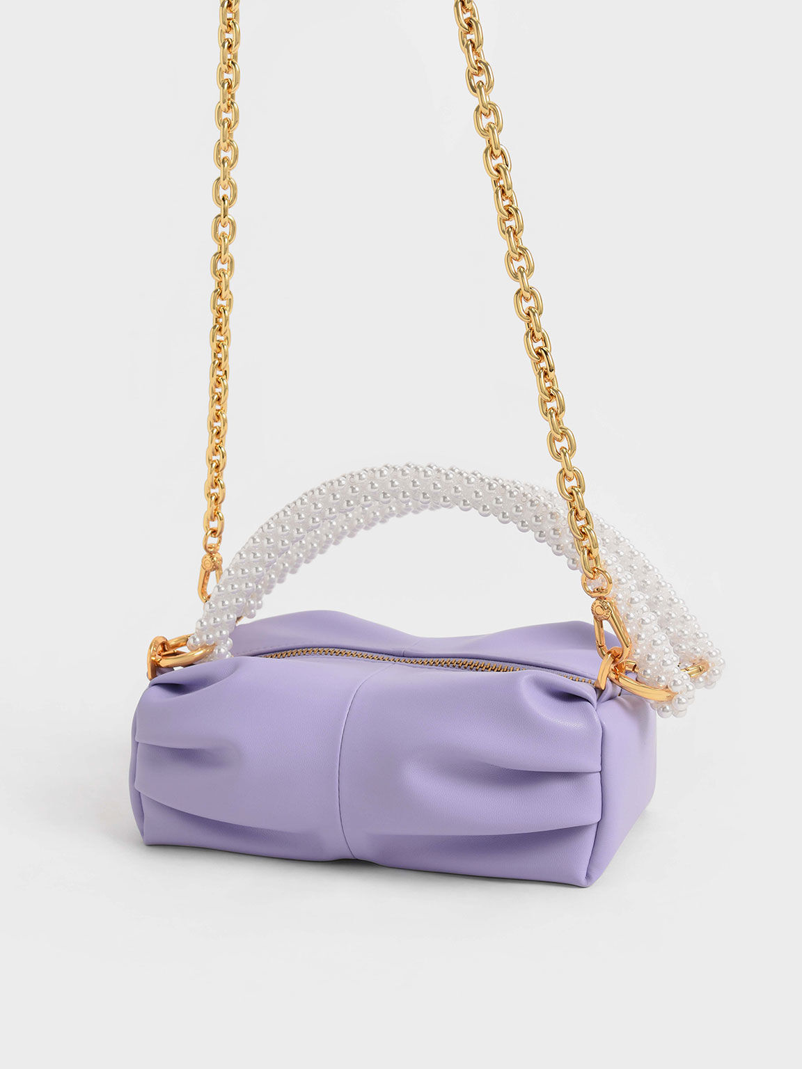 Beaded Handle Ruched Shoulder Bag, Lilac, hi-res