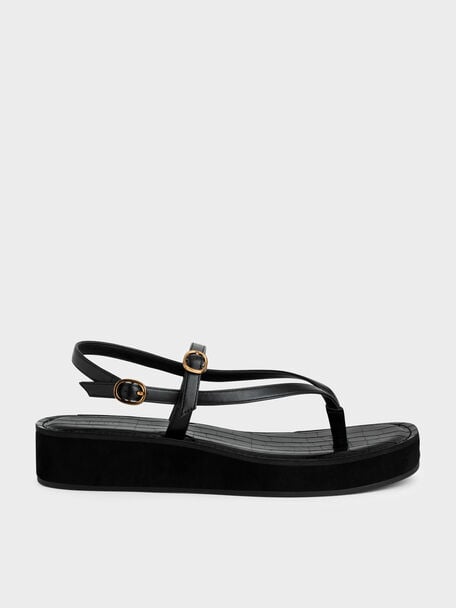 Strappy Flatform Thong Sandals, Black, hi-res