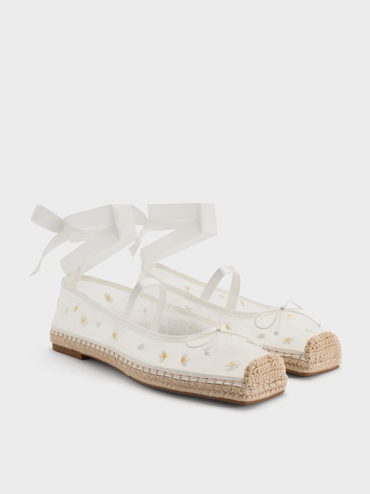 Mesh Floral-Embroidered Bow Tie-Around Espadrille Ballet Flats, Blanco, hi-res