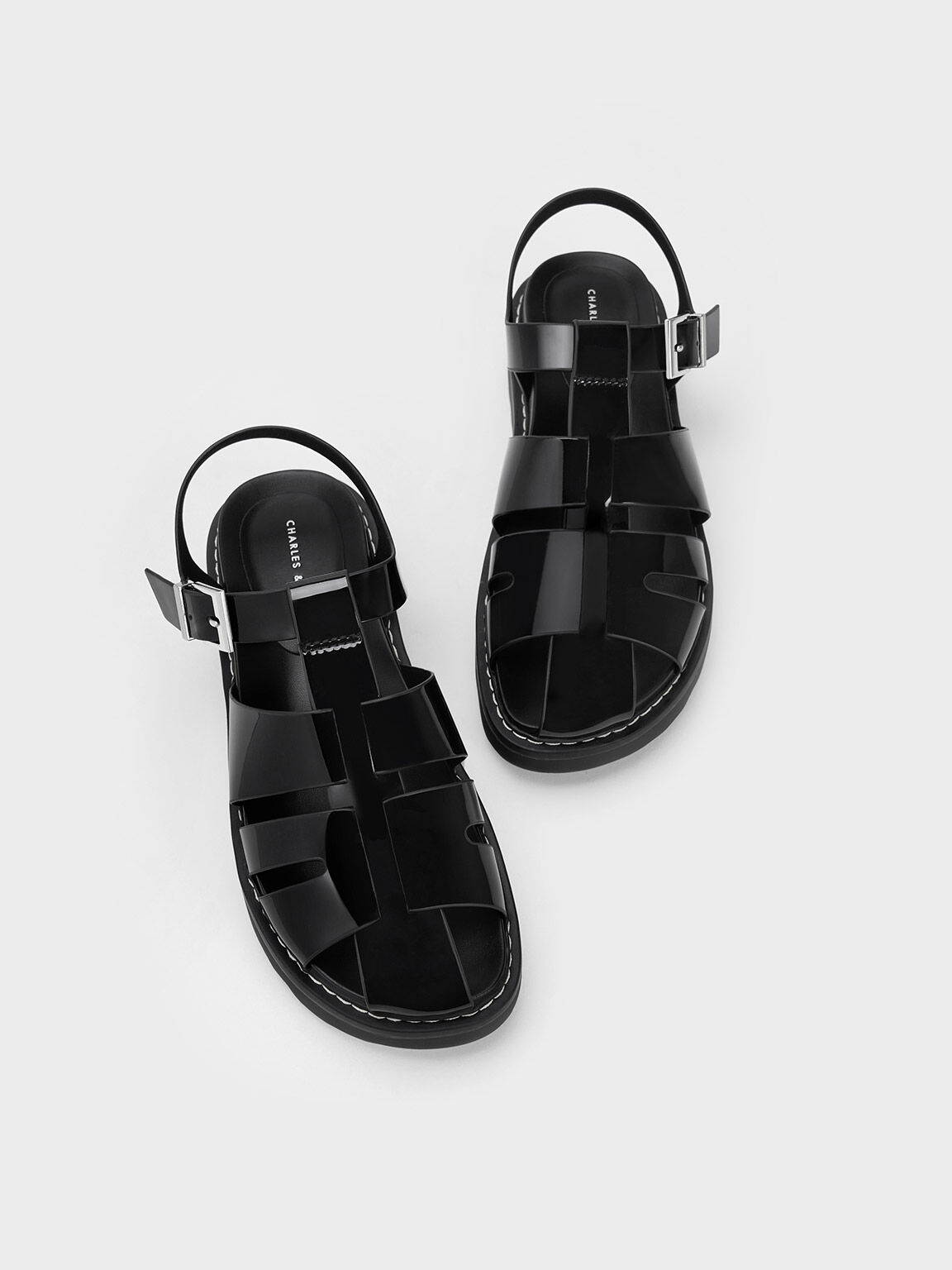 Interwoven Patent Buckled Sandals, Black Patent, hi-res