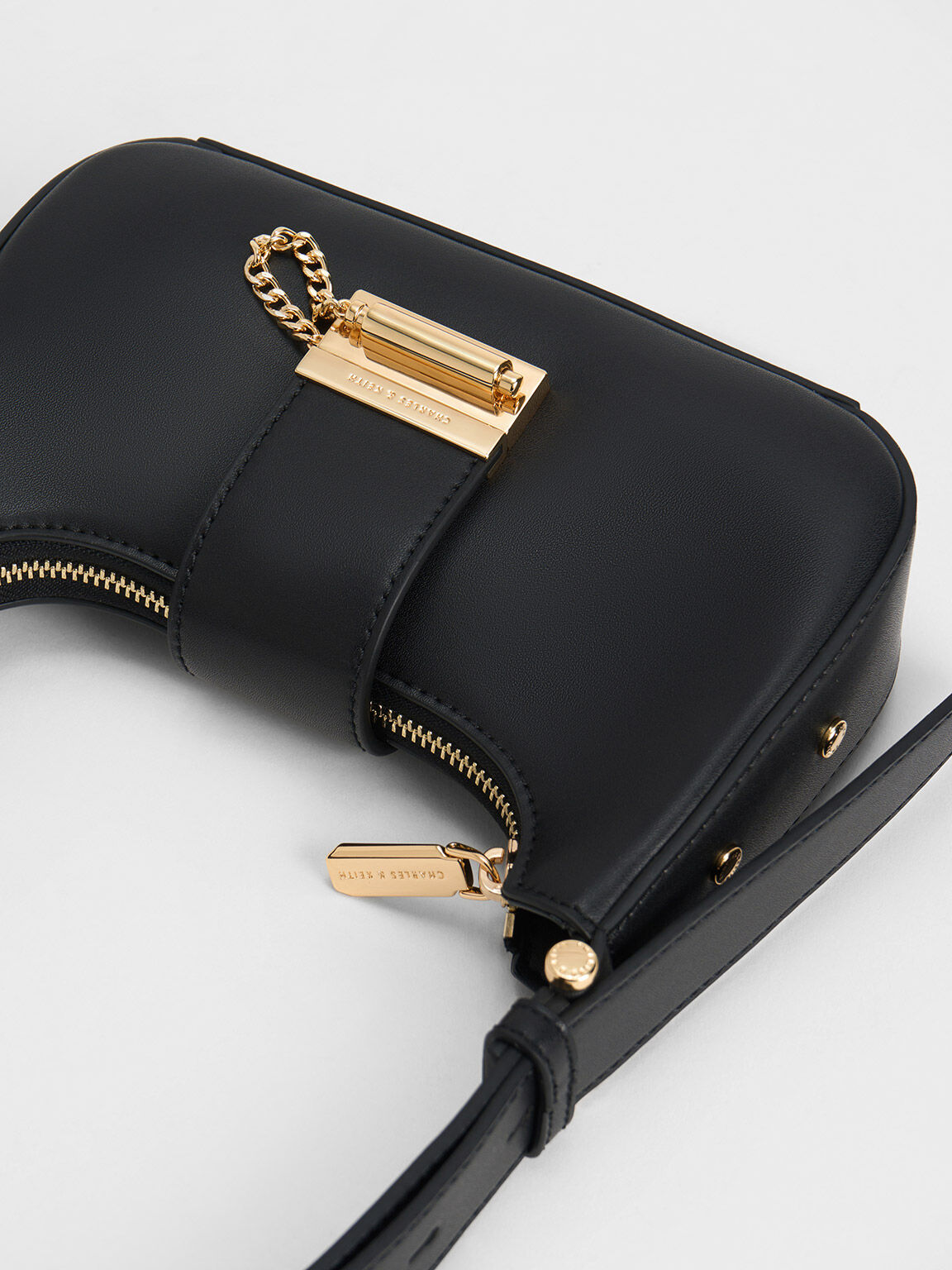 Black Metallic Accent Belted Bag - CHARLES & KEITH KR